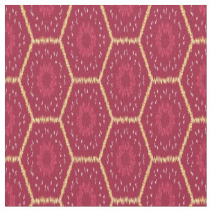 Ikat Floral Fabric Red en Gold Pattern Stof