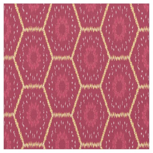Ikat Floral Fabric Red en Gold Pattern Stof (Close Up)