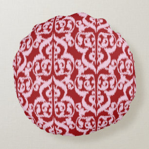 Ikat Moorish Damask - donkerrood en roze Rond Kussen