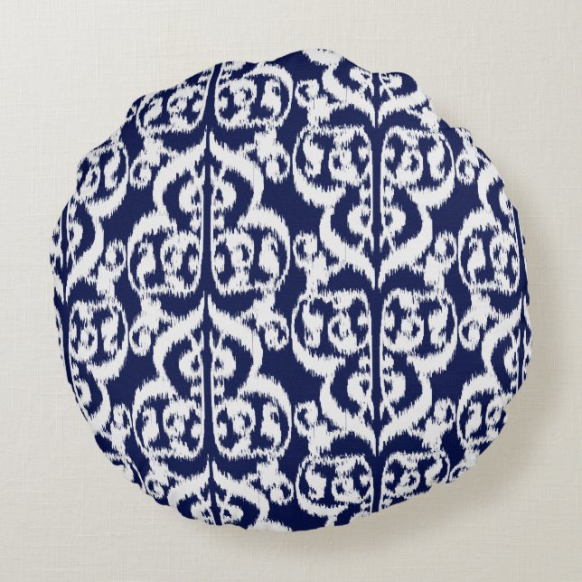 Ikat Moorish Damask - indigo en white Rond Kussen (Achterkant)