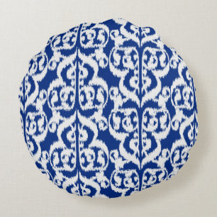 Ikat Moorish Damask - kobalt blauw en wit Rond Kussen