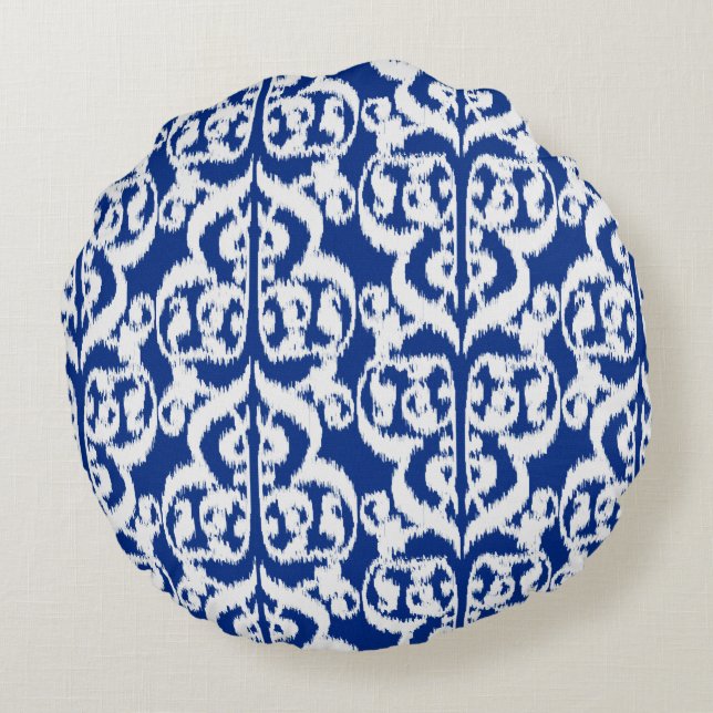 Ikat Moorish Damask - kobalt blauw en wit Rond Kussen (Achterkant)