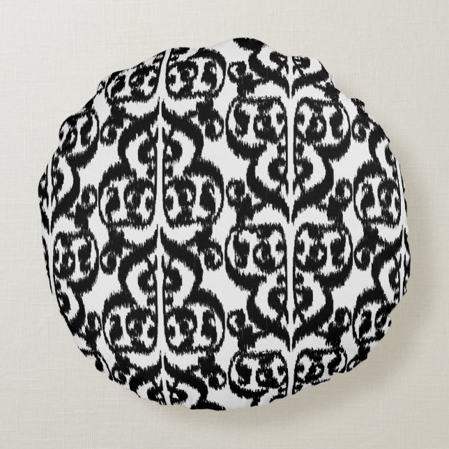 Ikat Moorish Damask - zwart-wit Rond Kussen (Achterkant)
