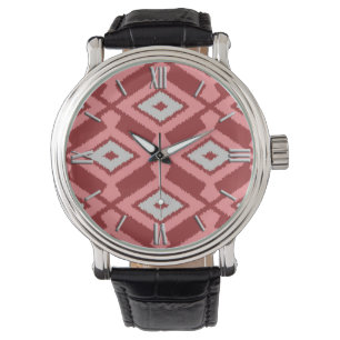 Ikat Pattern - Bourgogne, grijs en koraal Horloge