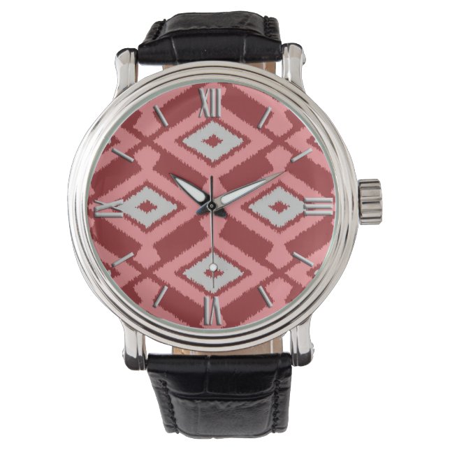 Ikat Pattern - Bourgogne, grijs en koraal Horloge (Voorkant)