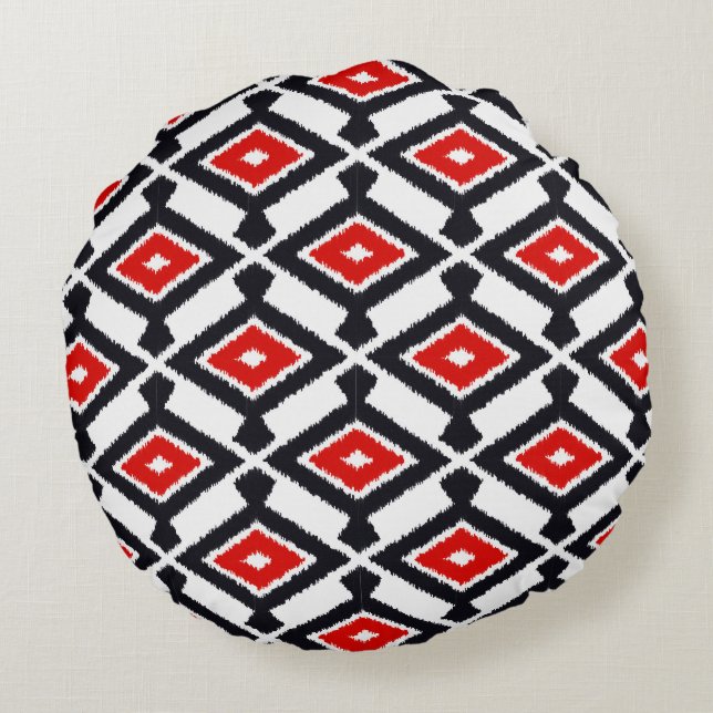 Ikat Pattern - Donkerrood, zwart en wit Rond Kussen (Achterkant)