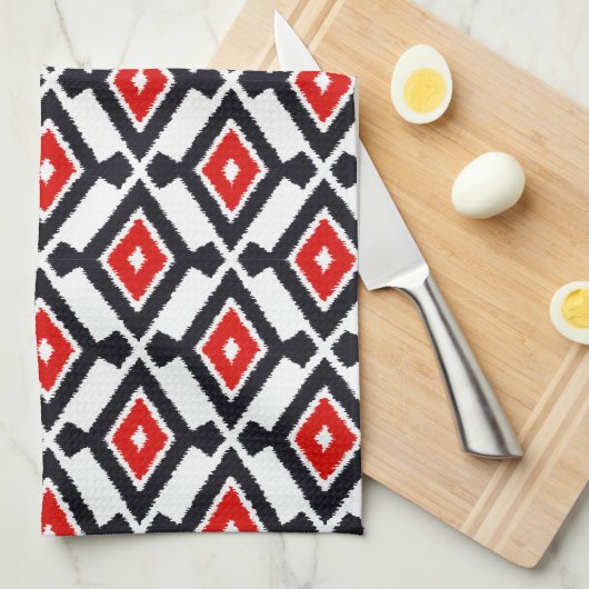Ikat Pattern - Donkerrood, zwart en wit Theedoek (Quarter Fold)