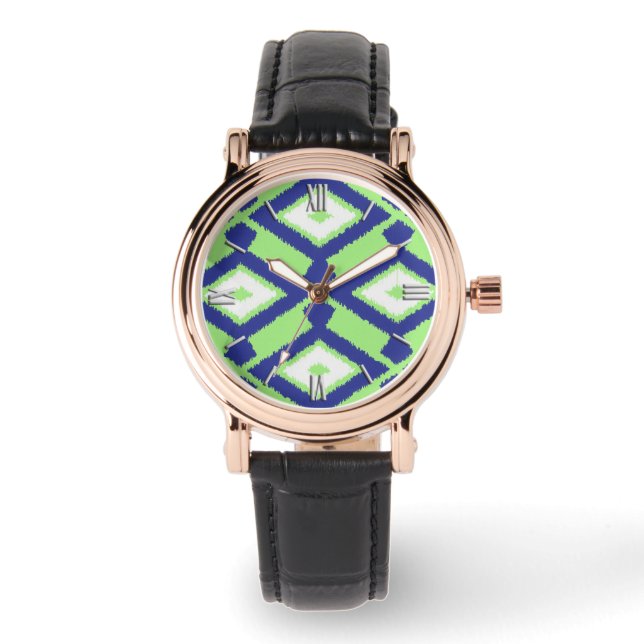 Ikat Pattern - Green, Indigo Blue en White Horloge (Voorkant)