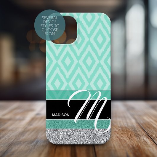 Ikat Pattern met Monogram - blauwgroen groen zwart Case-Mate iPhone Case