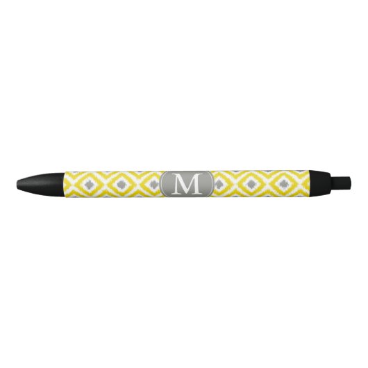 Ikat Pattern Monogrammed Grey and Yellow Diamonds Zwarte Inkt Pen (Voorkant)