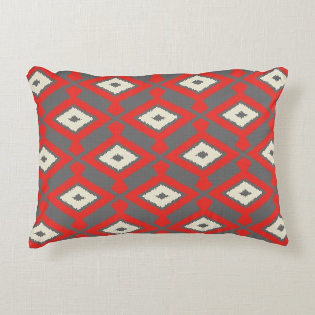 Ikat Pattern - Red, Grey and Beige Accent Kussen (Voorkant)