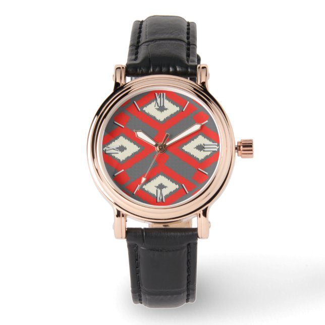 Ikat Pattern - Red, Grey and Beige Horloge (Voorkant)