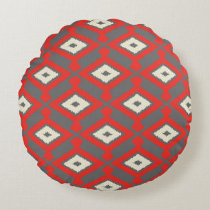 Ikat Pattern - Red, Grey and Beige Rond Kussen