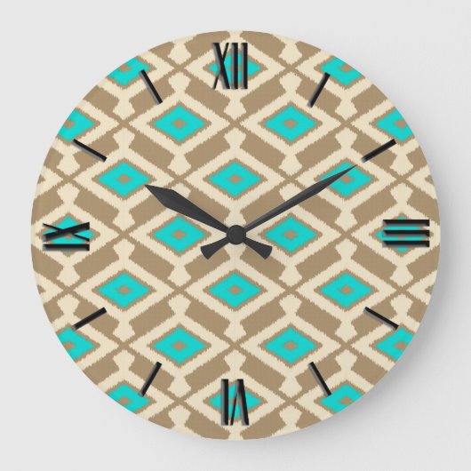 Ikat Pattern - Turquoise, Taupe en Beige Grote Klok (Voorkant)
