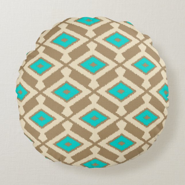 Ikat Pattern - Turquoise, Taupe en Beige Rond Kussen (Voorkant)