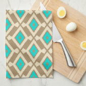 Ikat Pattern - Turquoise, Taupe en Beige Theedoek (Quarter Fold)