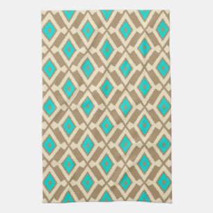 Ikat Pattern - Turquoise, Taupe en Beige Theedoek