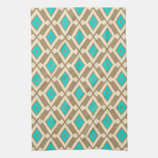 Ikat Pattern - Turquoise, Taupe en Beige Theedoek (Verticaal)