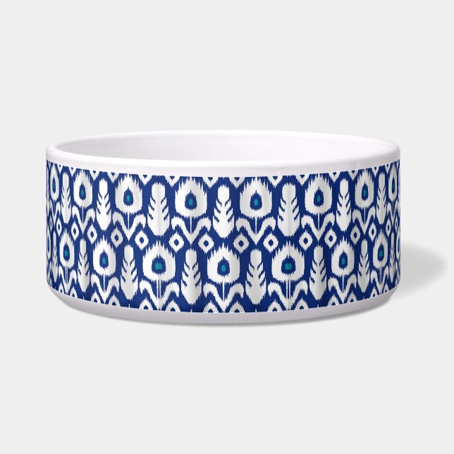 Ikat Peacock Feather Floral Blue Voerbakje (Voorkant)