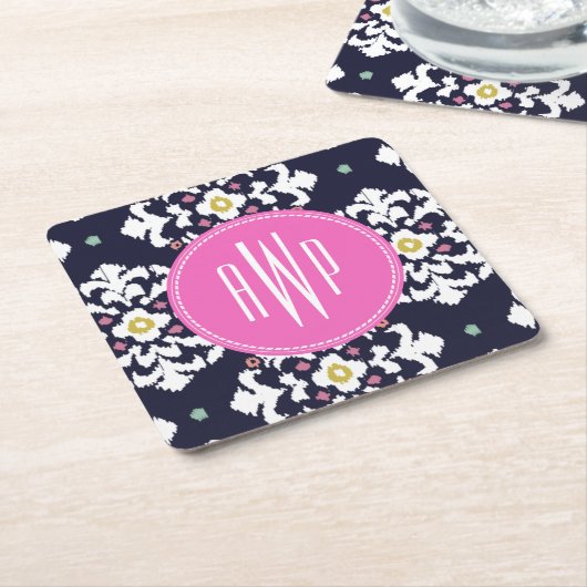 Ikat + roze monogram kartonnen onderzetters (Schuin)