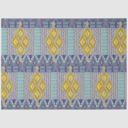 IKAT Rug Antiek Tribal Blue en Yellow Tissuepapier (Voorkant)