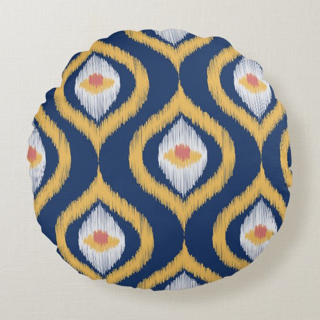 Ikat-serie Ogee Blue Geometric Rond Kussen (Voorkant)