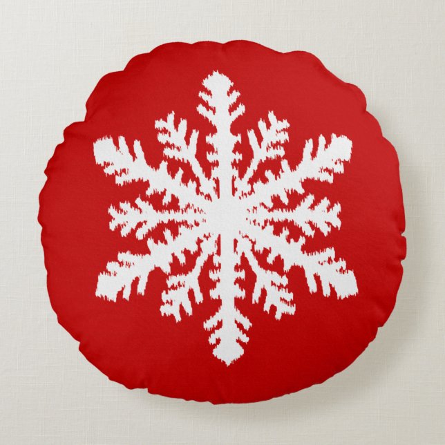 Ikat Snowflake - Donkerrood en wit Rond Kussen (Voorkant)