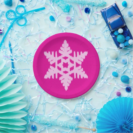 Ikat Snowflake - Fuchsia and ice roze Papieren Bordje (Feest)