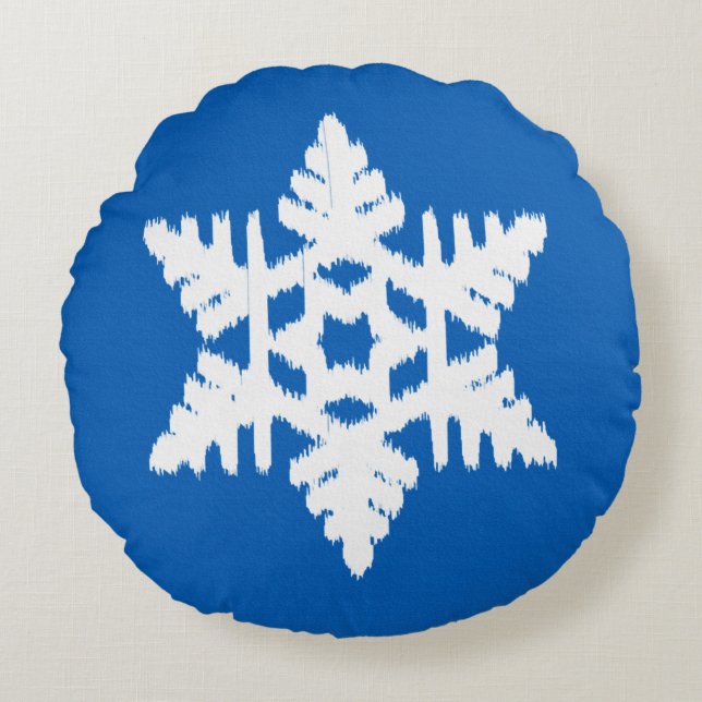 Ikat Snowflake - Kobalt blauw en wit Rond Kussen (Voorkant)
