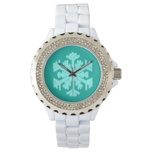 Ikat Snowflake - Turquoise en aqua Horloge (Voorkant)