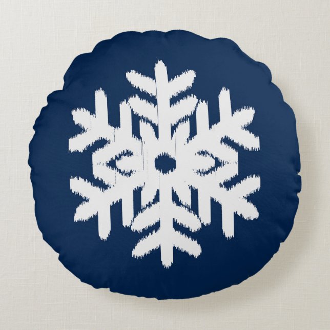 Ikat Snowflake - White en Dark Navy Blue Rond Kussen (Voorkant)