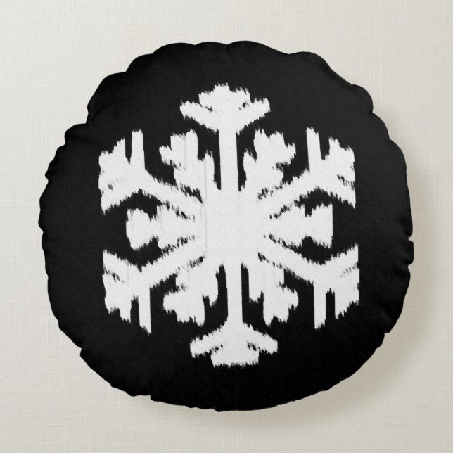 Ikat Snowflake - zwart-wit Rond Kussen (Voorkant)