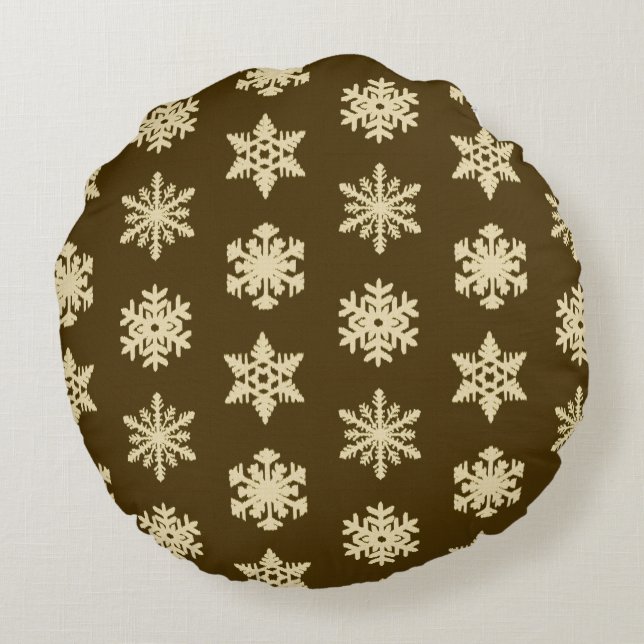 Ikat Snowflakes - Beige en Chocolade Brown Rond Kussen (Achterkant)