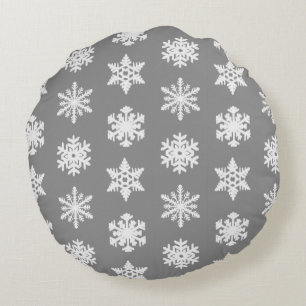 Ikat Snowflakes - Koolsteengrijs en wit Rond Kussen
