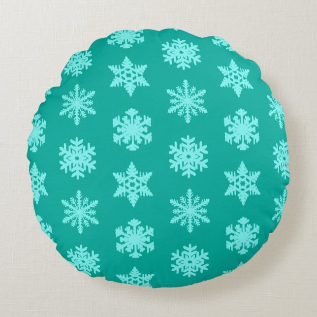 Ikat Snowflakes - Turquoise en aqua Rond Kussen (Voorkant)