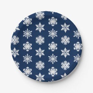 Ikat Snowflakes - White en Dark Navy Blue Papieren Bordje