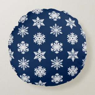 Ikat Snowflakes - White en Dark Navy Blue Rond Kussen
