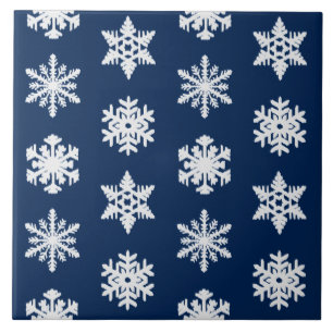 Ikat Snowflakes - White en Dark Navy Blue Tegeltje