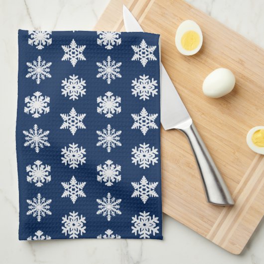 Ikat Snowflakes - White en Dark Navy Blue Theedoek (Quarter Fold)