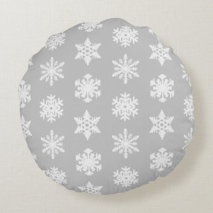 Ikat Snowflakes - Zilver grijs en wit Rond Kussen