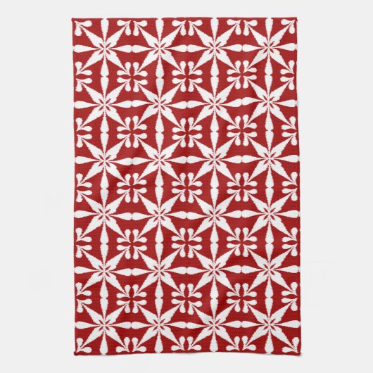 Ikat Star Pattern, Dark Red en White Theedoek (Verticaal)