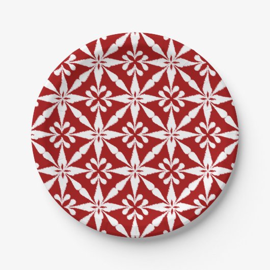 Ikat Star Pattern - Donkerrood en wit Papieren Bordje (Voorkant)