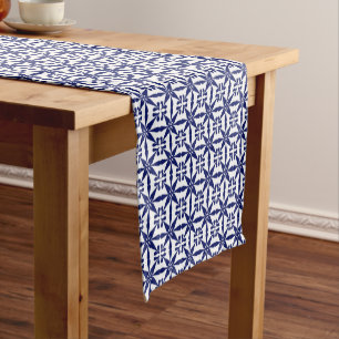 Ikat Star Pattern, Navy Blue en White Korte Tafelloper
