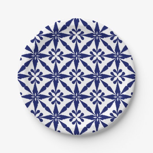 Ikat Star Pattern - Navy Blue en White Papieren Bordje (Voorkant)