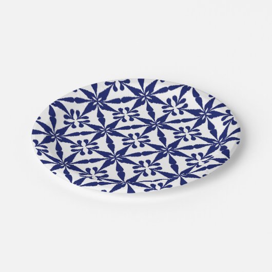 Ikat Star Pattern - Navy Blue en White Papieren Bordje (Gekanteld)