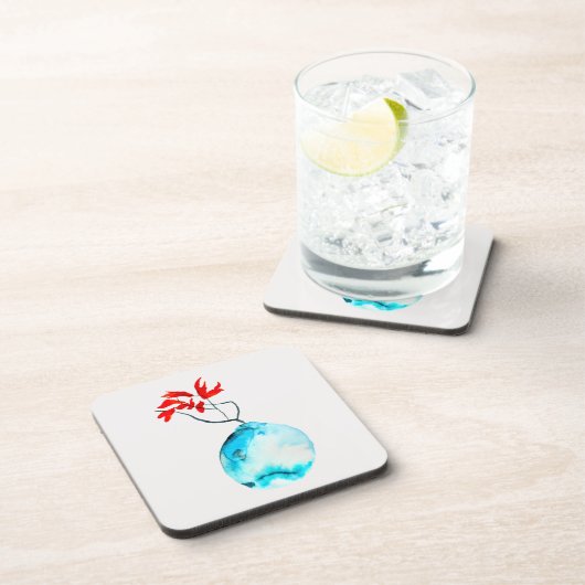 Ikebana blauw vaas waterverf kunst bier onderzetter (Rechterzijde)