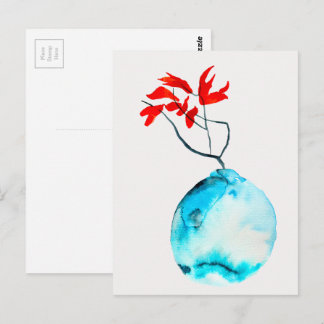 Ikebana blauw vaas waterverf kunst briefkaart