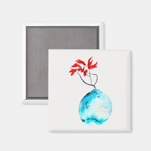 Ikebana blauw vaas waterverf kunst magneet (Voorkant / Achterkant)