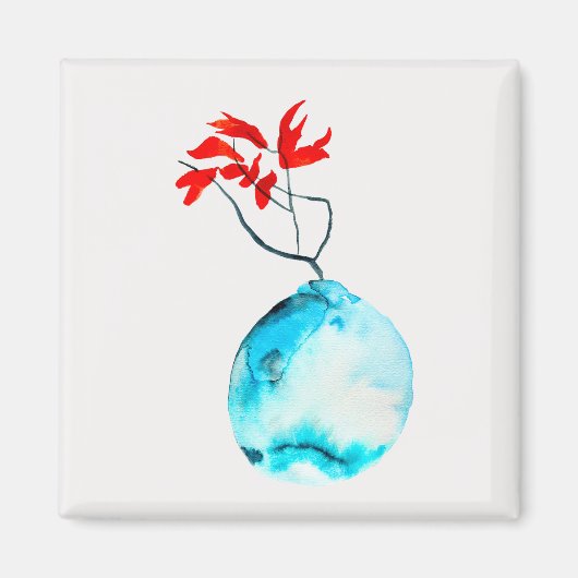 Ikebana blauw vaas waterverf kunst magneet (Voorkant)