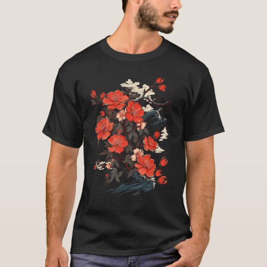 Ikebana Flower Art Japanse stijl Ocean Waves Grap T-shirt (Voorkant)